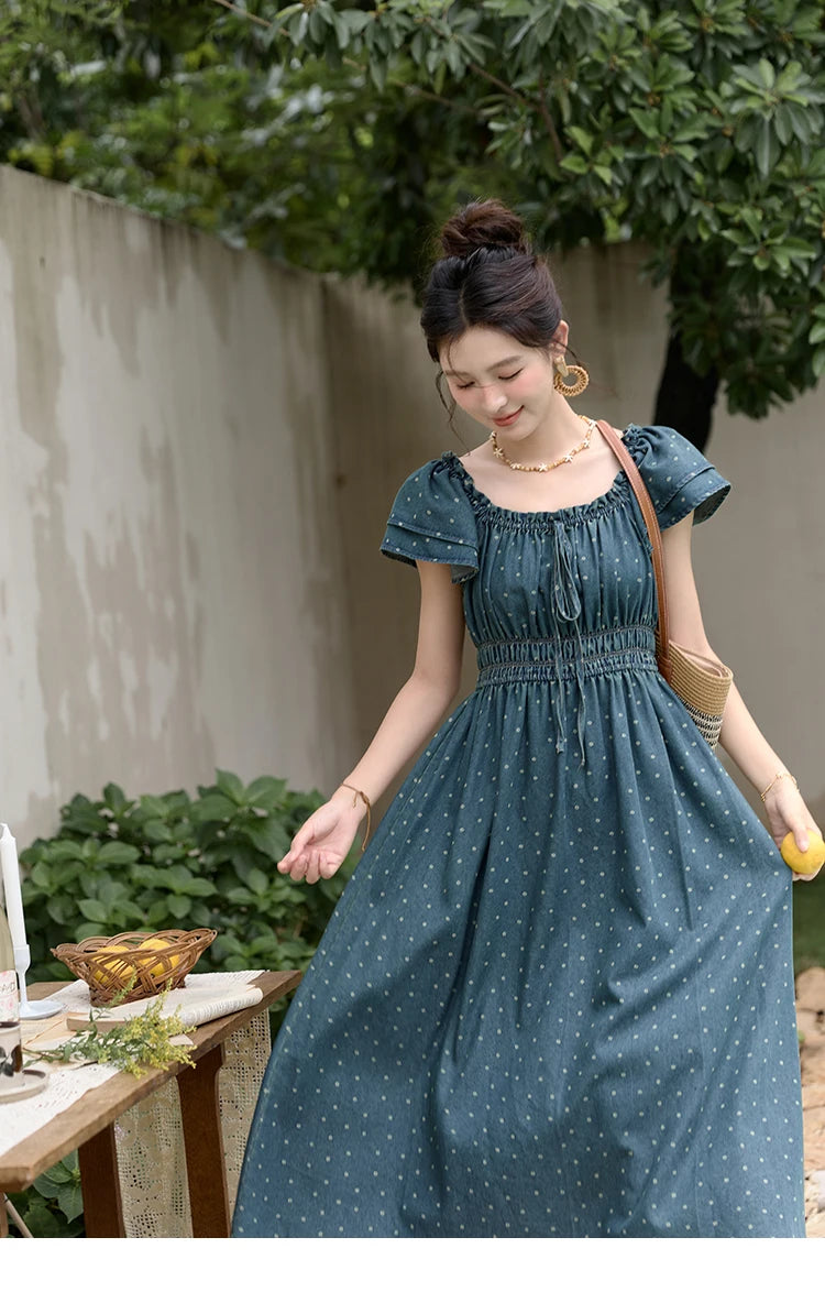 Mishow Polka Dot Flying Sleeve Lace-Up Denim Dress MXD30L2022