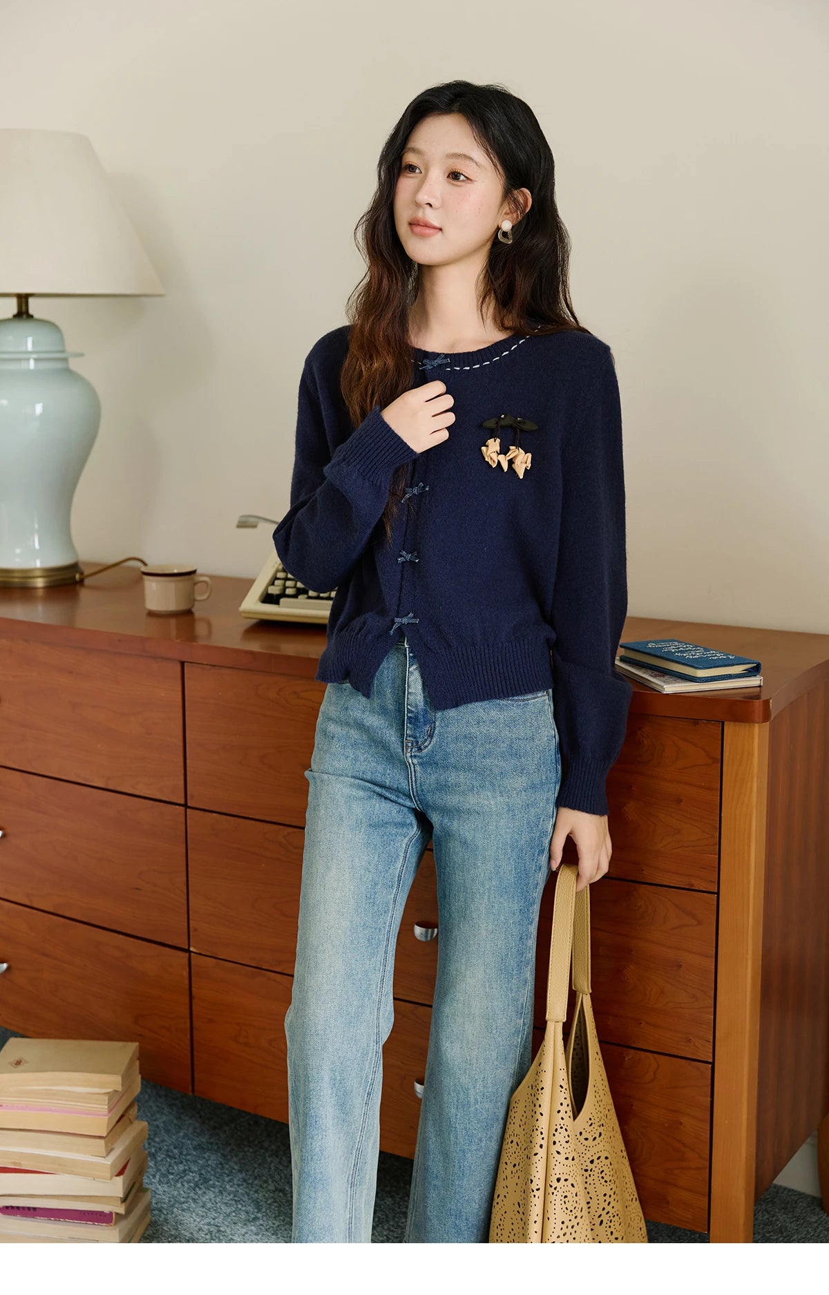 Mishow Bow Placket Lantern Sleeve Cardigan with Brooch MXE45Z1377