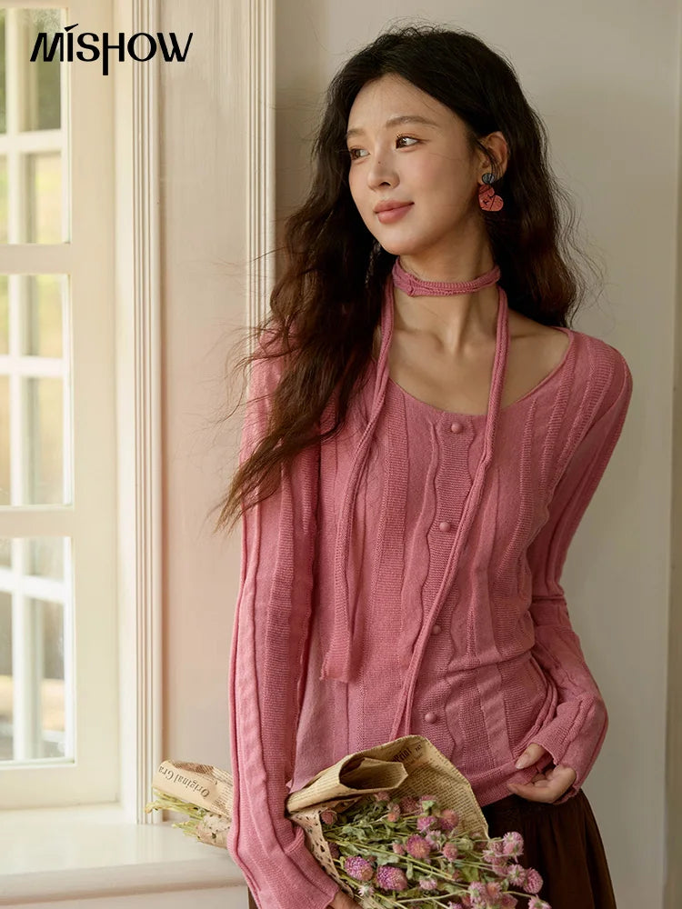 Mishow French Slim Scoop Neck Draped Tie Pullover MXE42Z1322