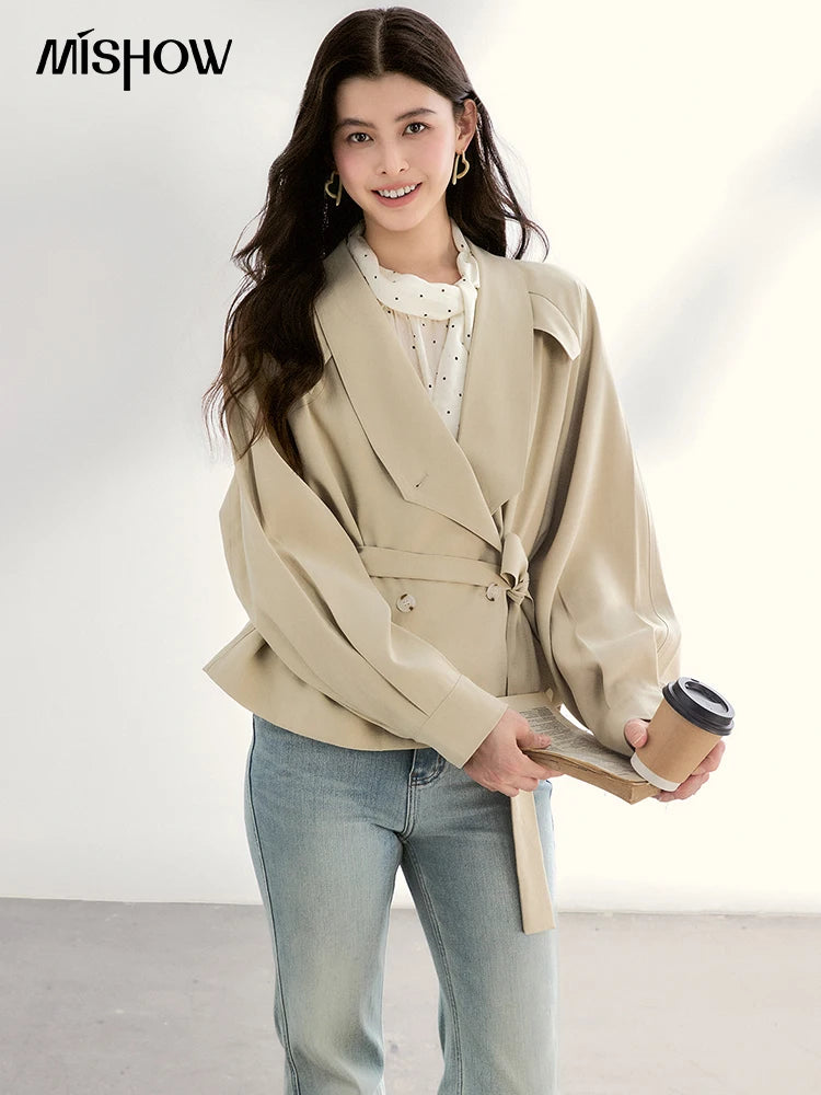 MISHOW Khaki Belted Waist Coat Lapel Double-Breasted Short MXF13W1056