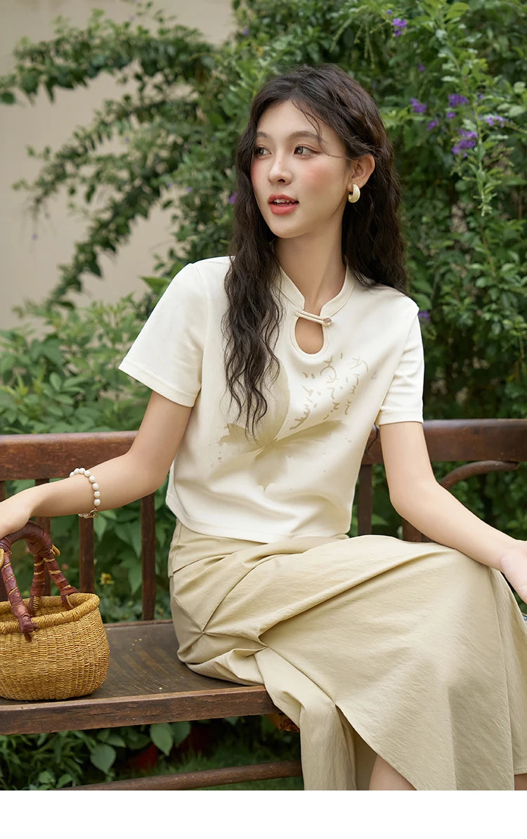 Mishow Chinese Stand Collar Ink Print Top & Pleated Skirt Set MXD27T0272