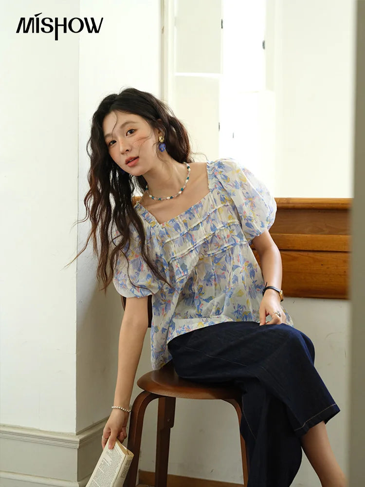 MISHOW Square Neck Puff Sleeve Blouse Print Top MXE39X1937