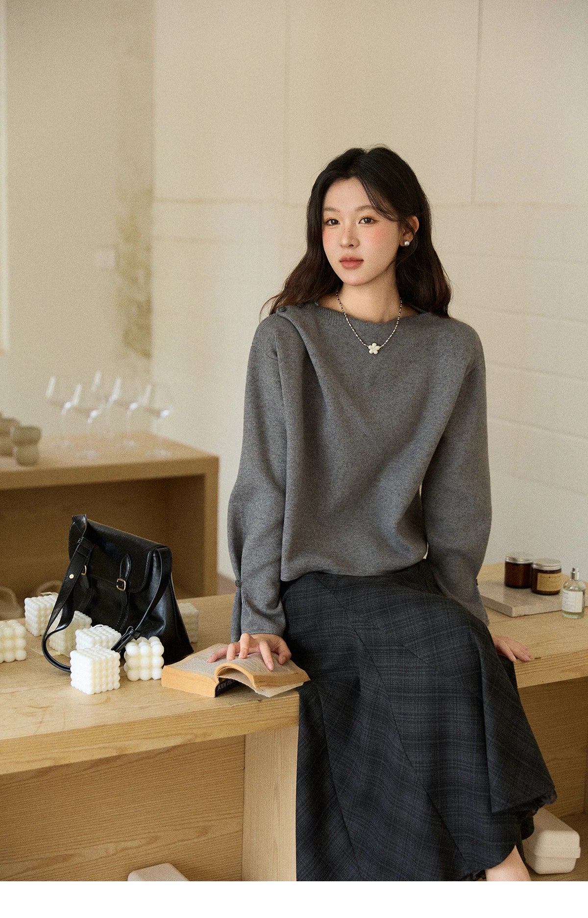 Mishow Gray French Diagonal Placket Knit Pullover MXE86Z2744