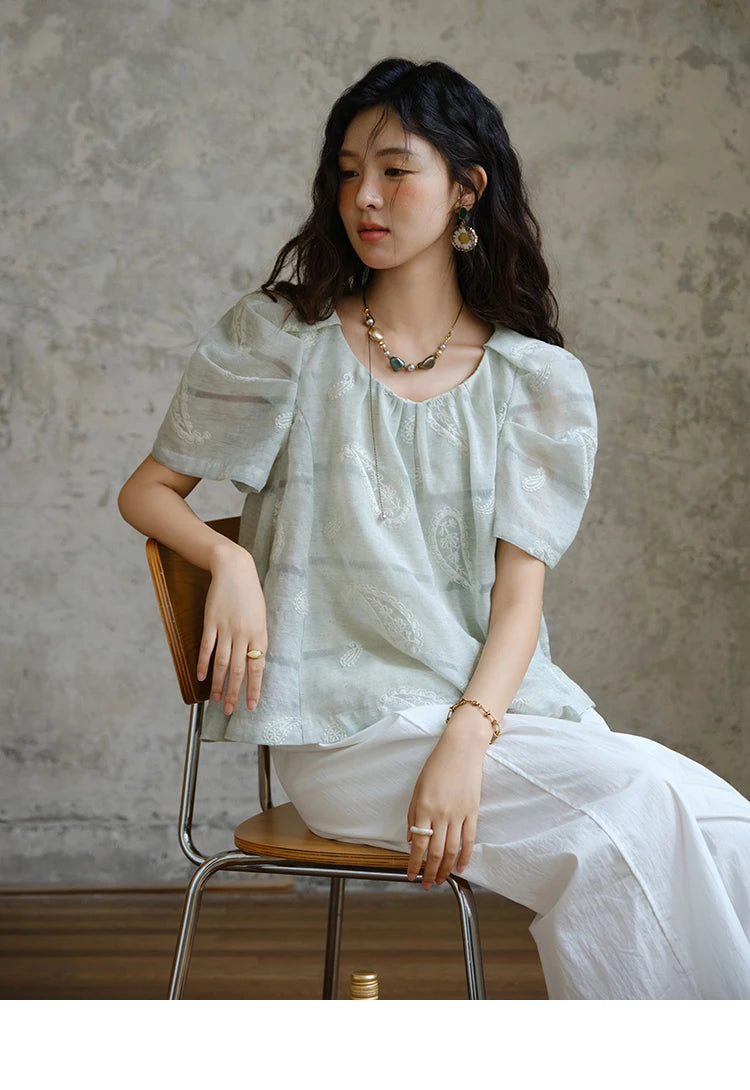 MISHOW O-Neck Print Blouse Embroidery Puff Sleeve Loose MXE34X1807