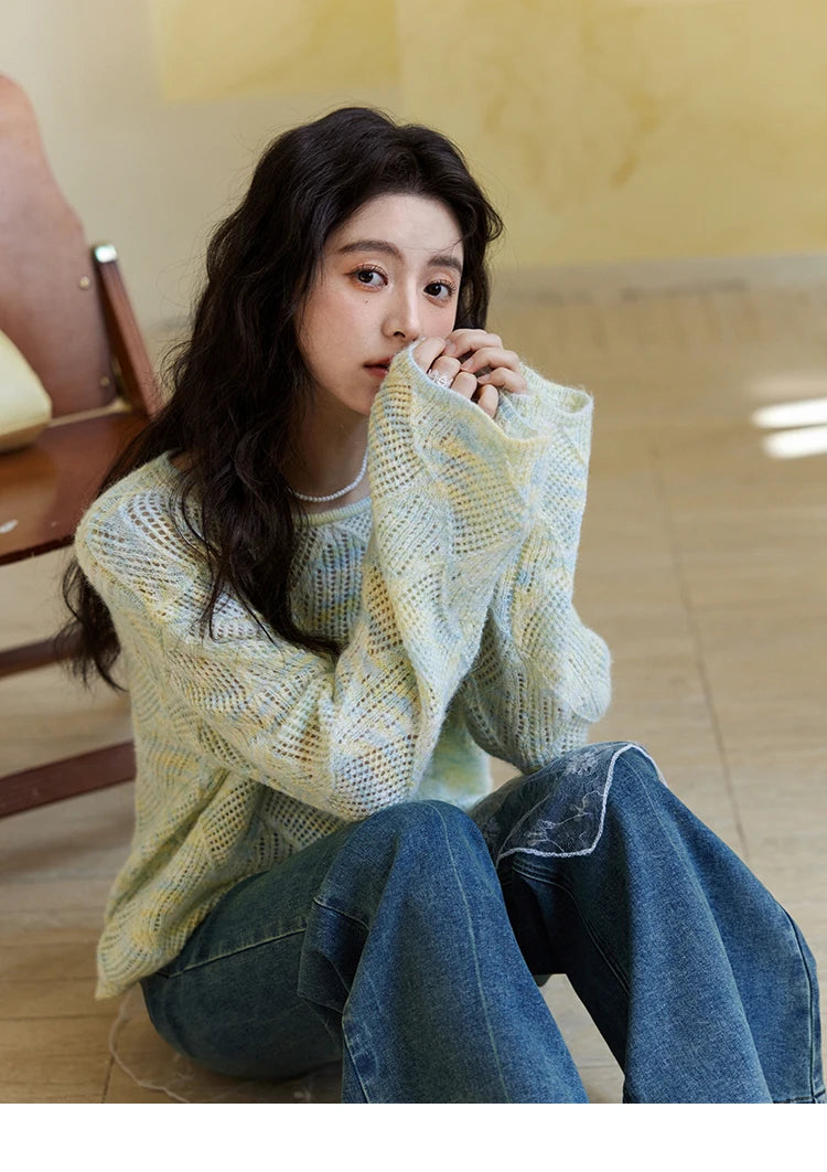 Mishow Hollow Dropped Shoulder Hem Wavy Edge Sweater MXE14Z1208