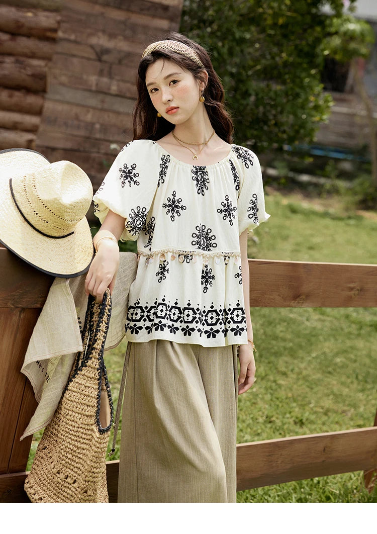 MISHOW Bohemian Print Blouse Short Puff Sleeve Square Collar Shell Ribbon MXE35X1817