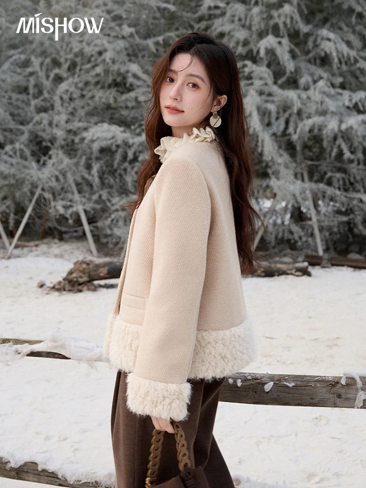 Mishow Retro Apricot Wool Plush Splicing Short Coat MXE92W0998