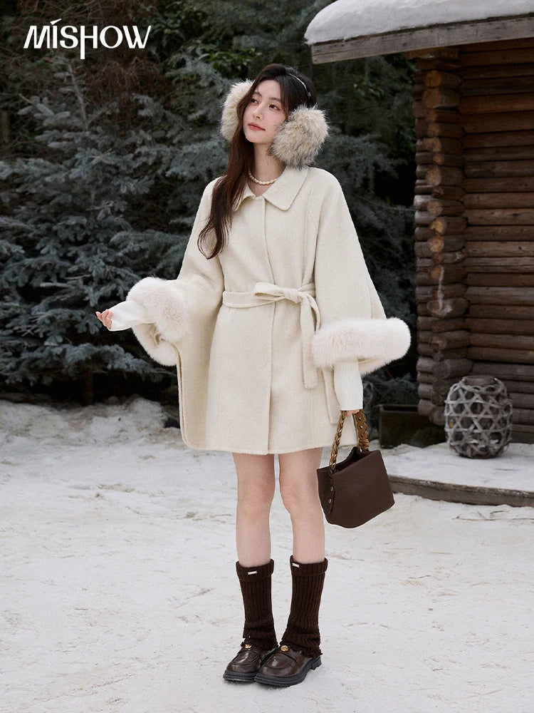 Mishow 100% Wool Cape with Detachable Furry Cuffs MXE90W0947