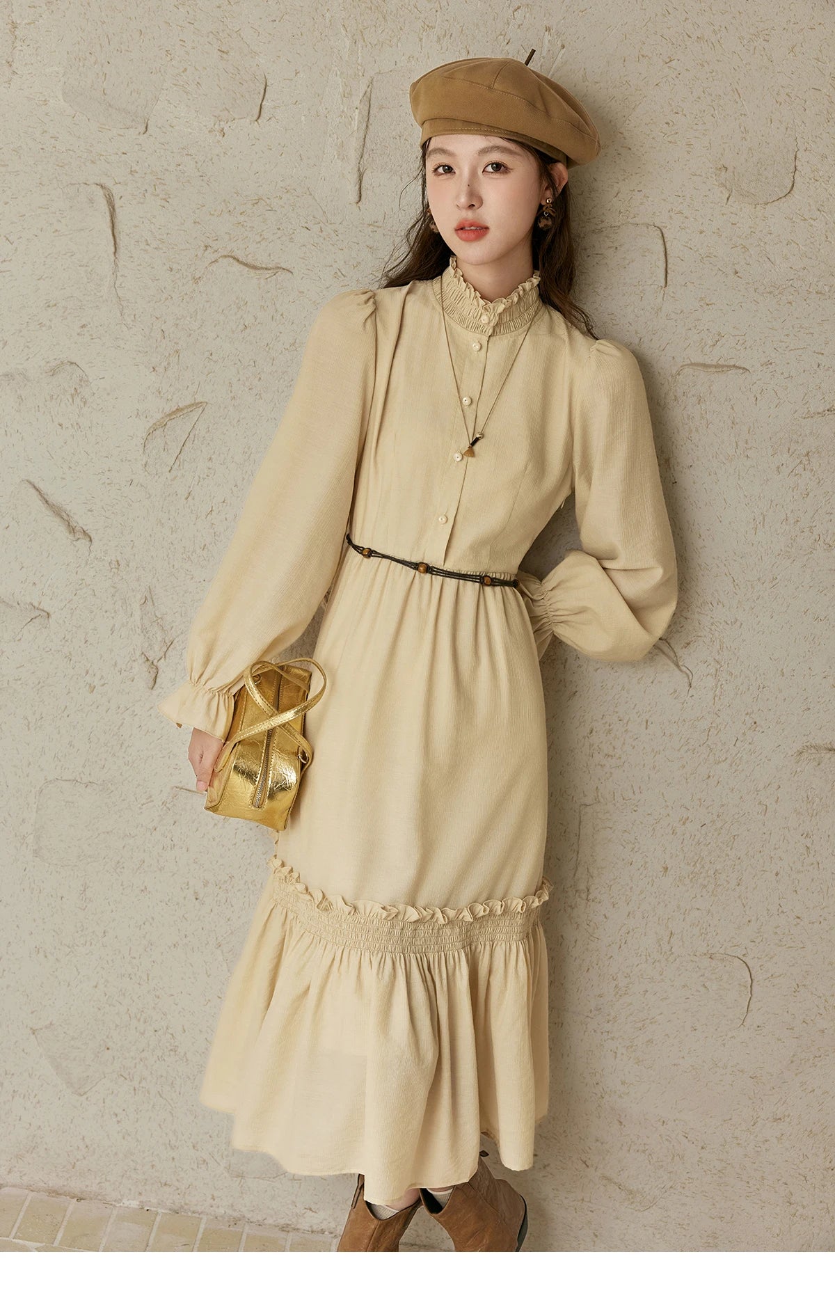 Mishow French Stand Neck Lotus Leaf Sleeve Dress MPD42L2036