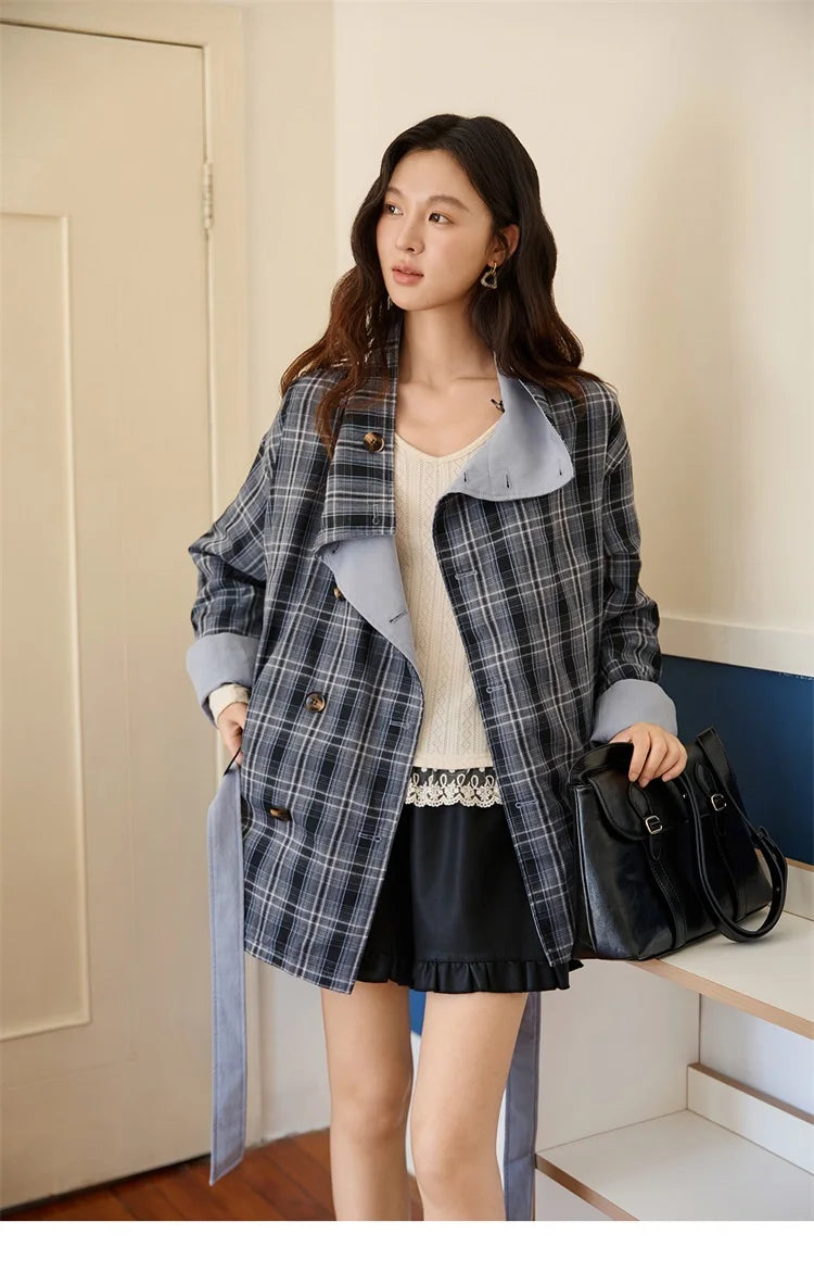 Mishow Blue Plaid Two-Sided Trench Coat MXE48W0871