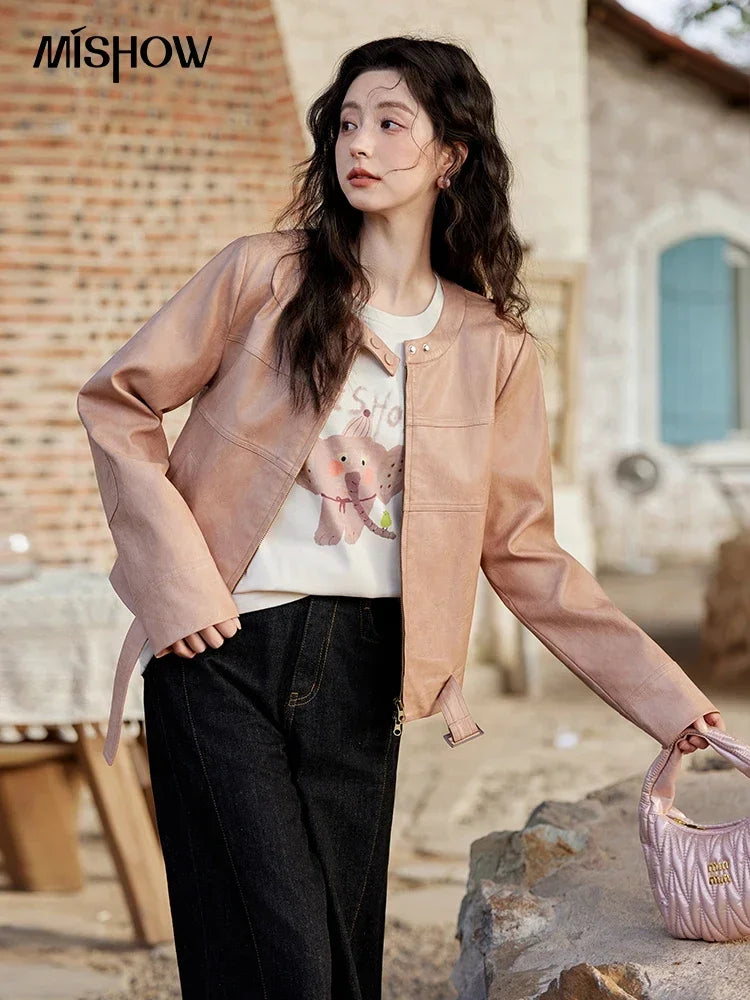 MISHOW Pink Leather Jacket Slim Fit Long Sleeve MXE11W0714
