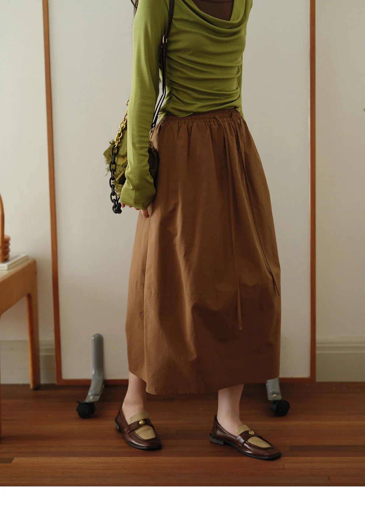 MISHOW Brown Cotton Bud Skirt Elastic Drawstring High Waist Pocket MXE41B2367