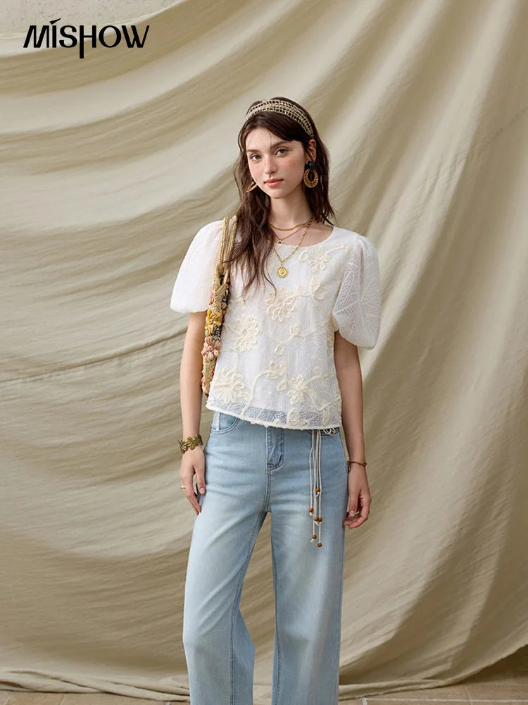 MISHOW Short Puff Sleeve Blouse Round Neck Jacquard MXE32X1772