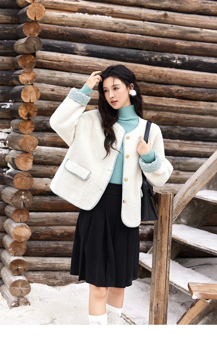Mishow Lamb Wool Cuff Lace Metal Button Jacket MXD58W0740