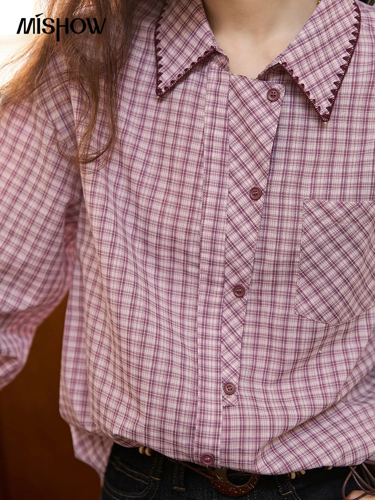 MISHOW Purple Plaid Shirt Contrast Embroidery Pocket MXE44C2394