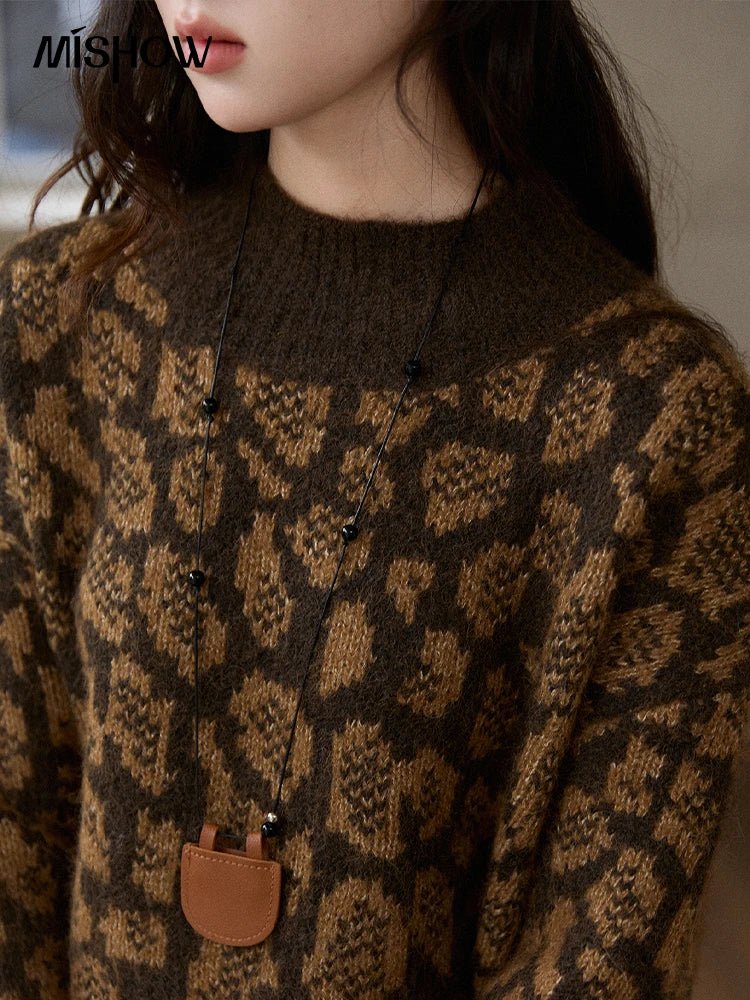 Mishow Color Block Leopard Jacquard Half Turtleneck Sweater MXE91Z2839
