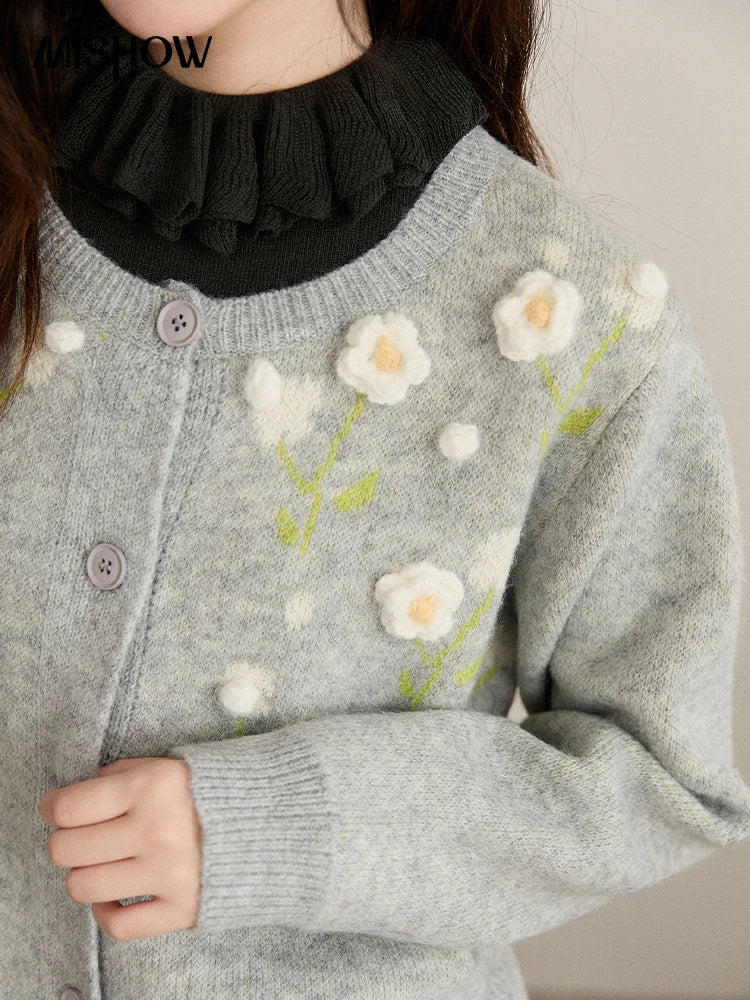 Mishow Gray Flower Embroidery Round Collar Cardigan MXE91Z2836