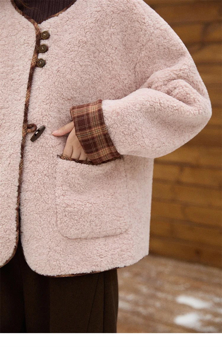 Mishow Plaid Patchwork Lamb Wool Round Neck Coat MXE90W0923