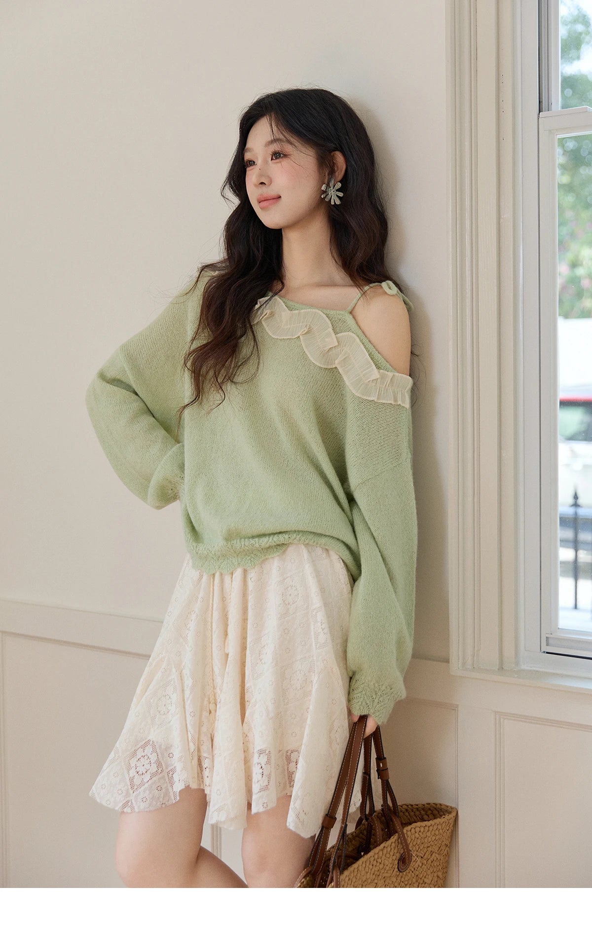 Mishow Light Green Asymmetrical Exposed Shoulder Top MXF108Z1027