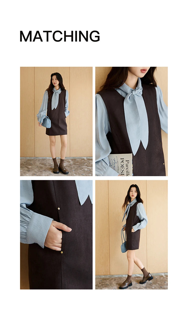 Mishow Light Blue Shirt & Brown Vest Skirt Suit MXE47T1408