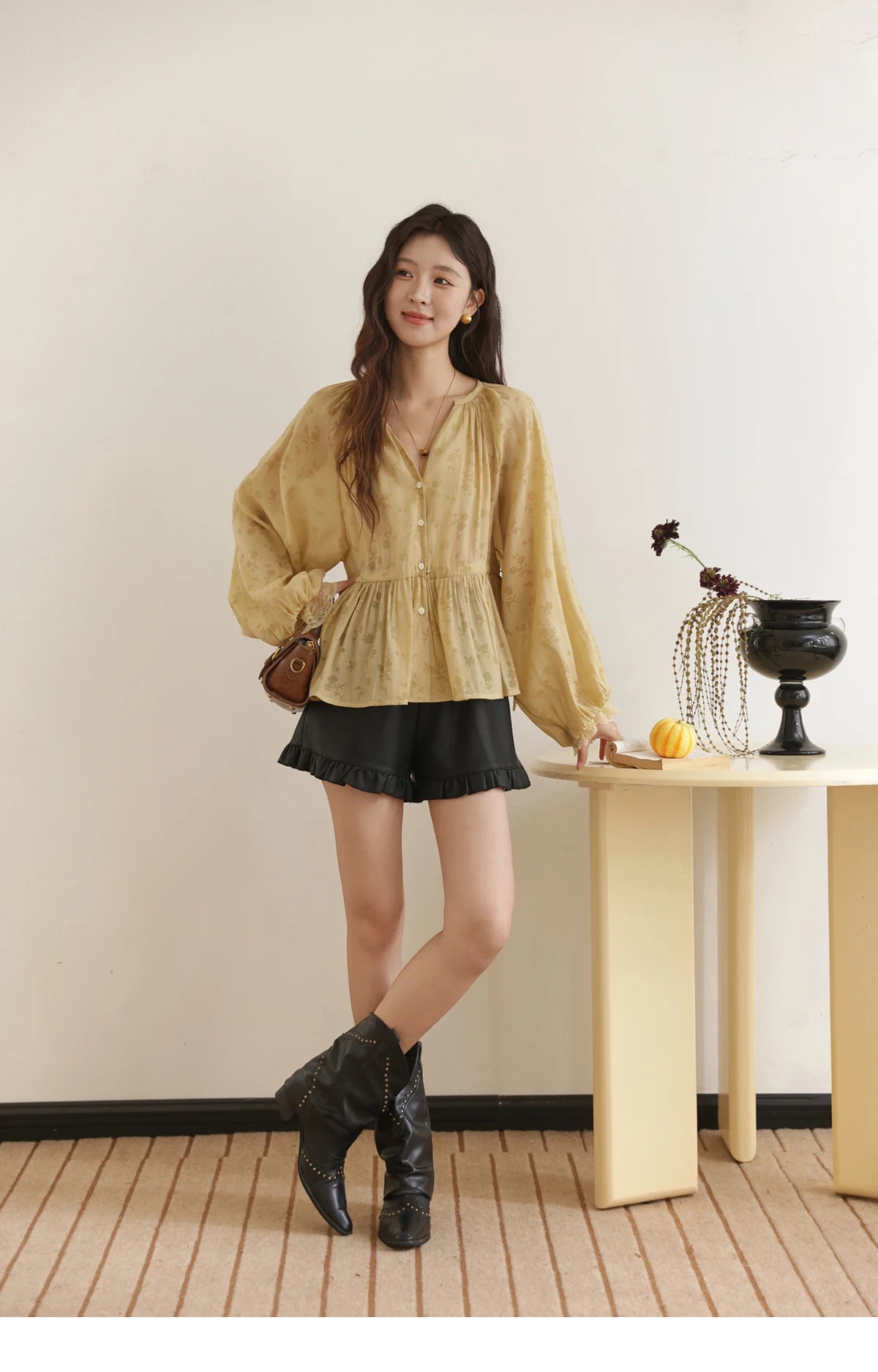 MISHOW Yellow Print Shirt Lantern Sleeve Drawstring Waist MXE45X2499