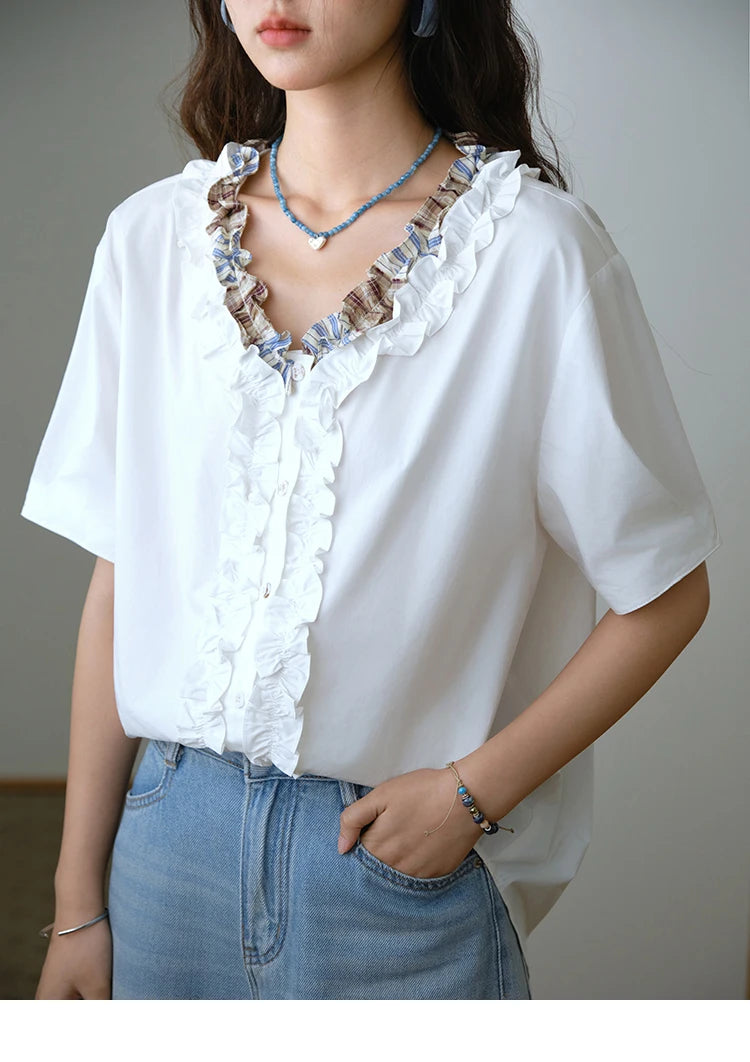 MISHOW V-Neck Shirt Patchwork Double Layer Fungus Edge Button MXE35X1793