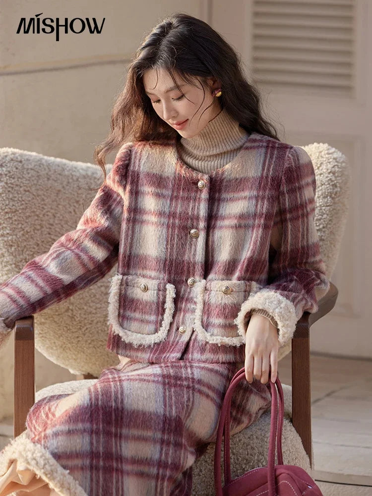 Mishow Plaid Tweed Jacket & Midi Skirt Set MXD54W0562