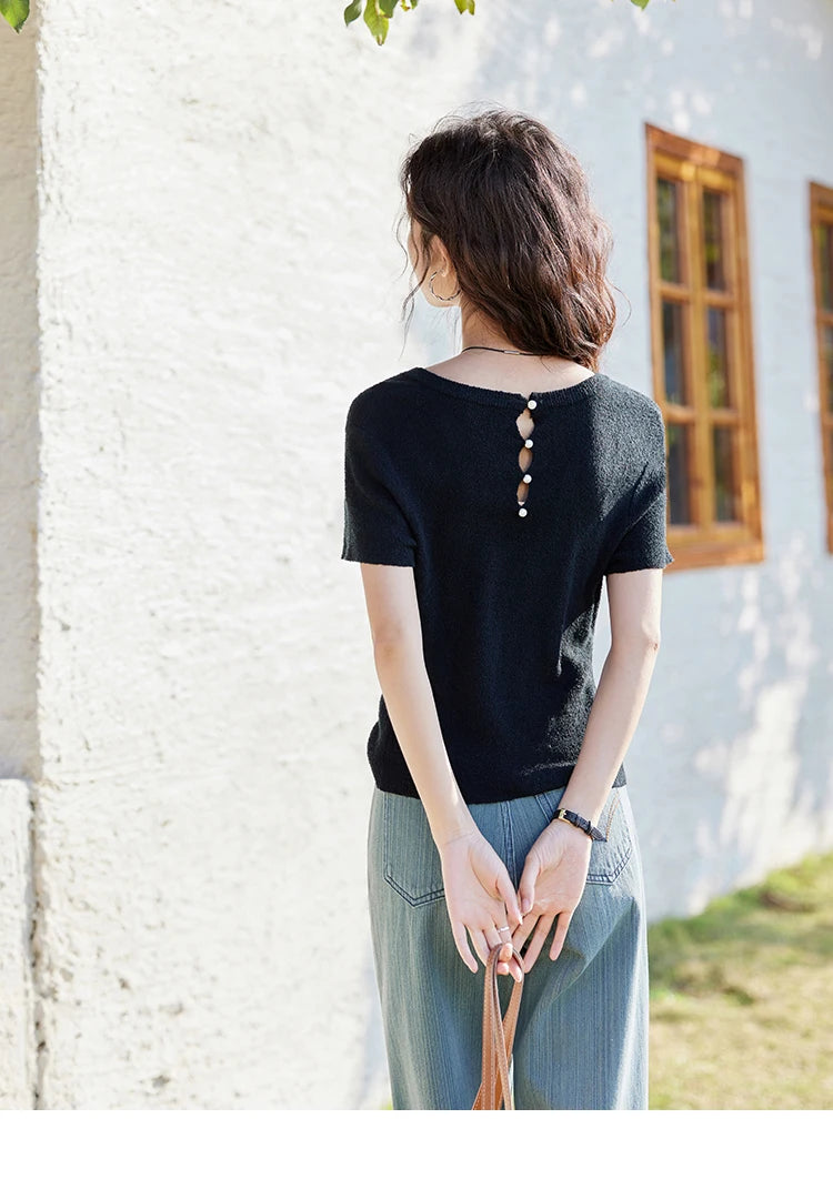 Mishow Back Hollow Pearl Button Knit Tee MXE13Z1072