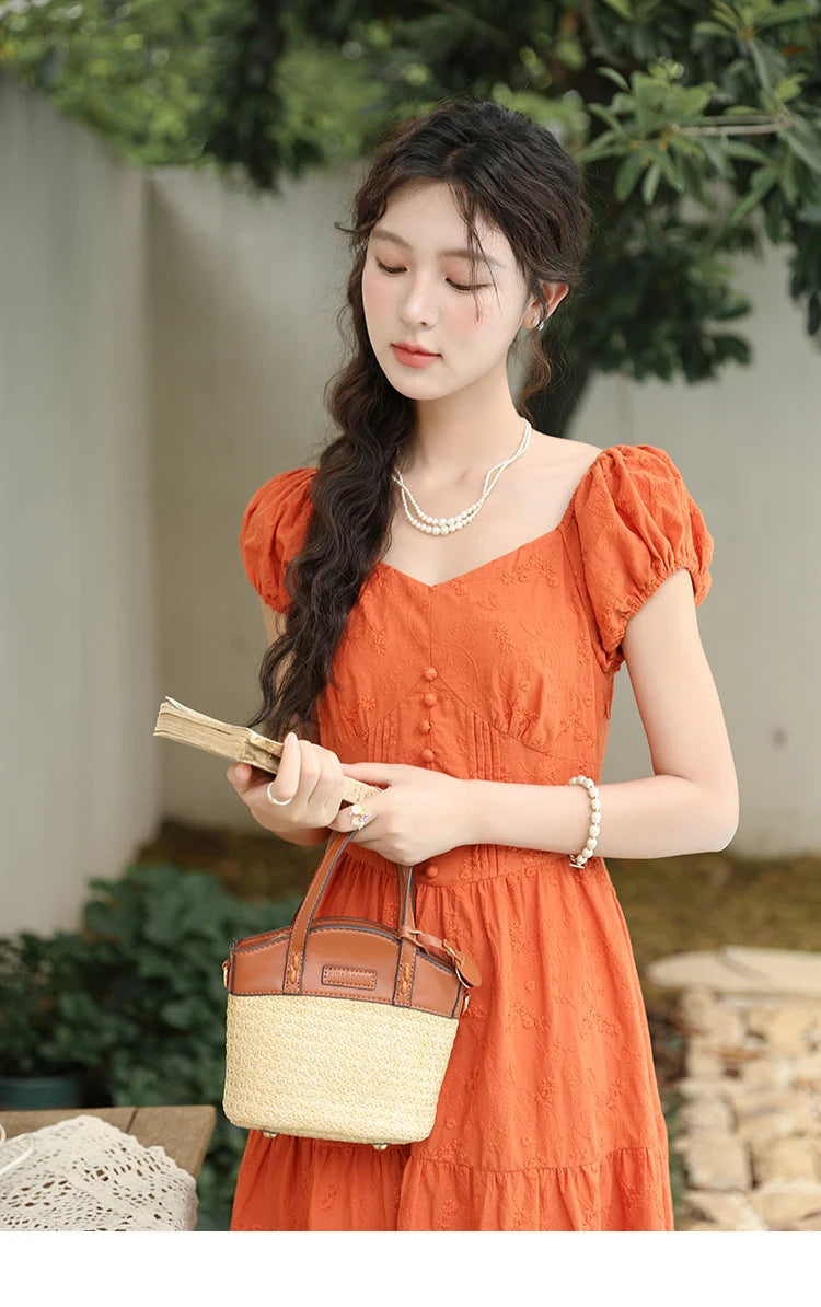 Mishow 100% Cotton Orange Embroidered Sweetheart Dress MXD29L1931