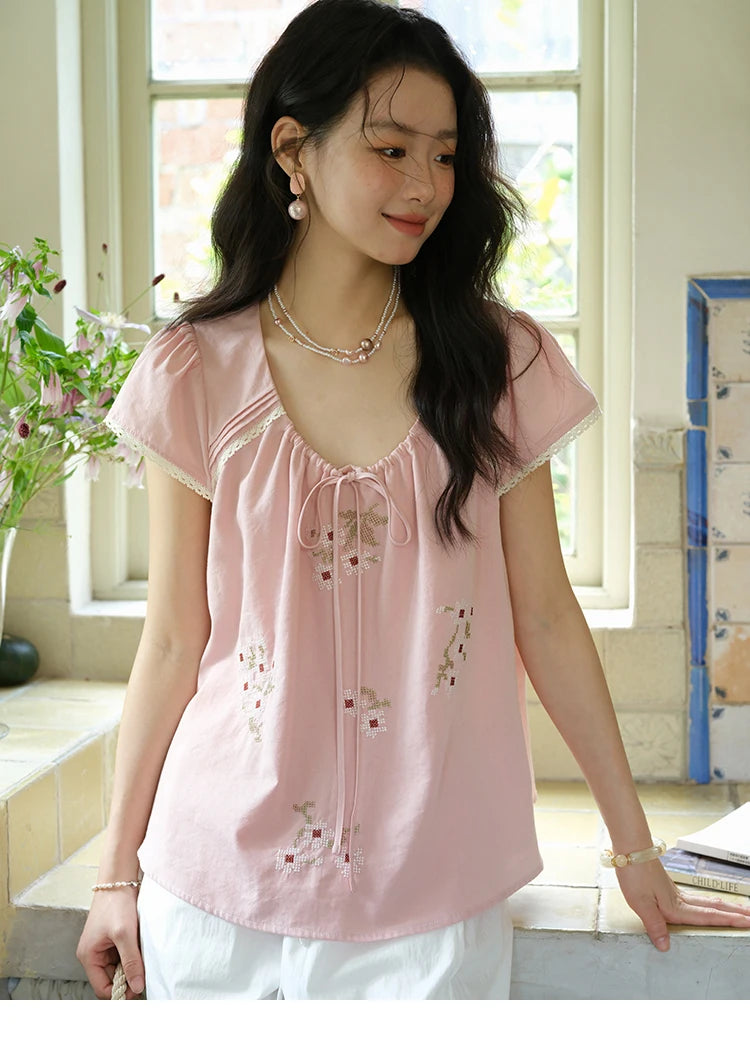 MISHOW Embroidery Flower Blouse O-Neck Lace Up Flying Sleeve MXE39X1880