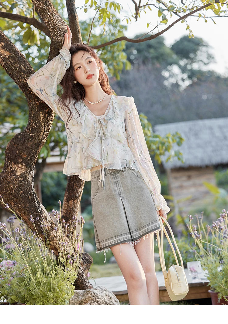 MISHOW Floral Blouse with Camisole Set V-Neck Lace Up MXE13X1718