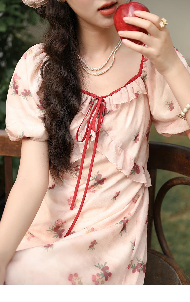 MISHOW Korean Floral Bubble Sleeve Lace-Up Dress MXD31L1924