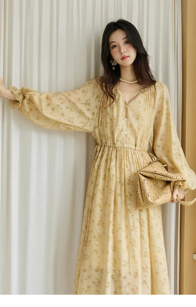 MISHOW Yellow Print Lace Lantern Sleeve Dress MXE47L2527