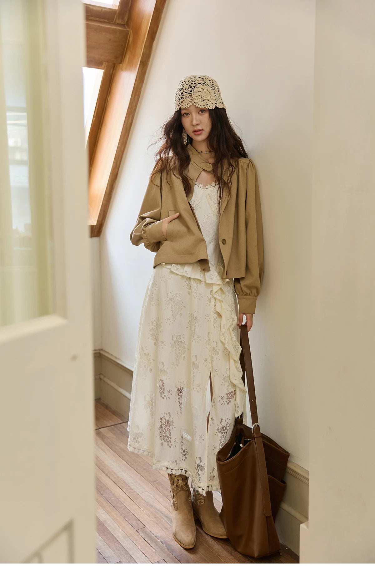 MISHOW Bohemian Apricot Lace Ruffle Tassel Dress MXE43L2449