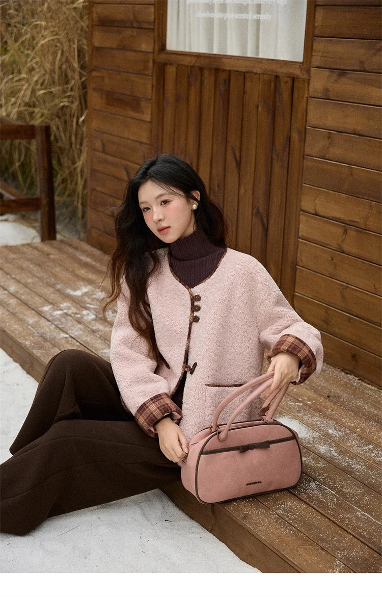 Mishow Plaid Patchwork Lamb Wool Round Neck Coat MXE90W0923