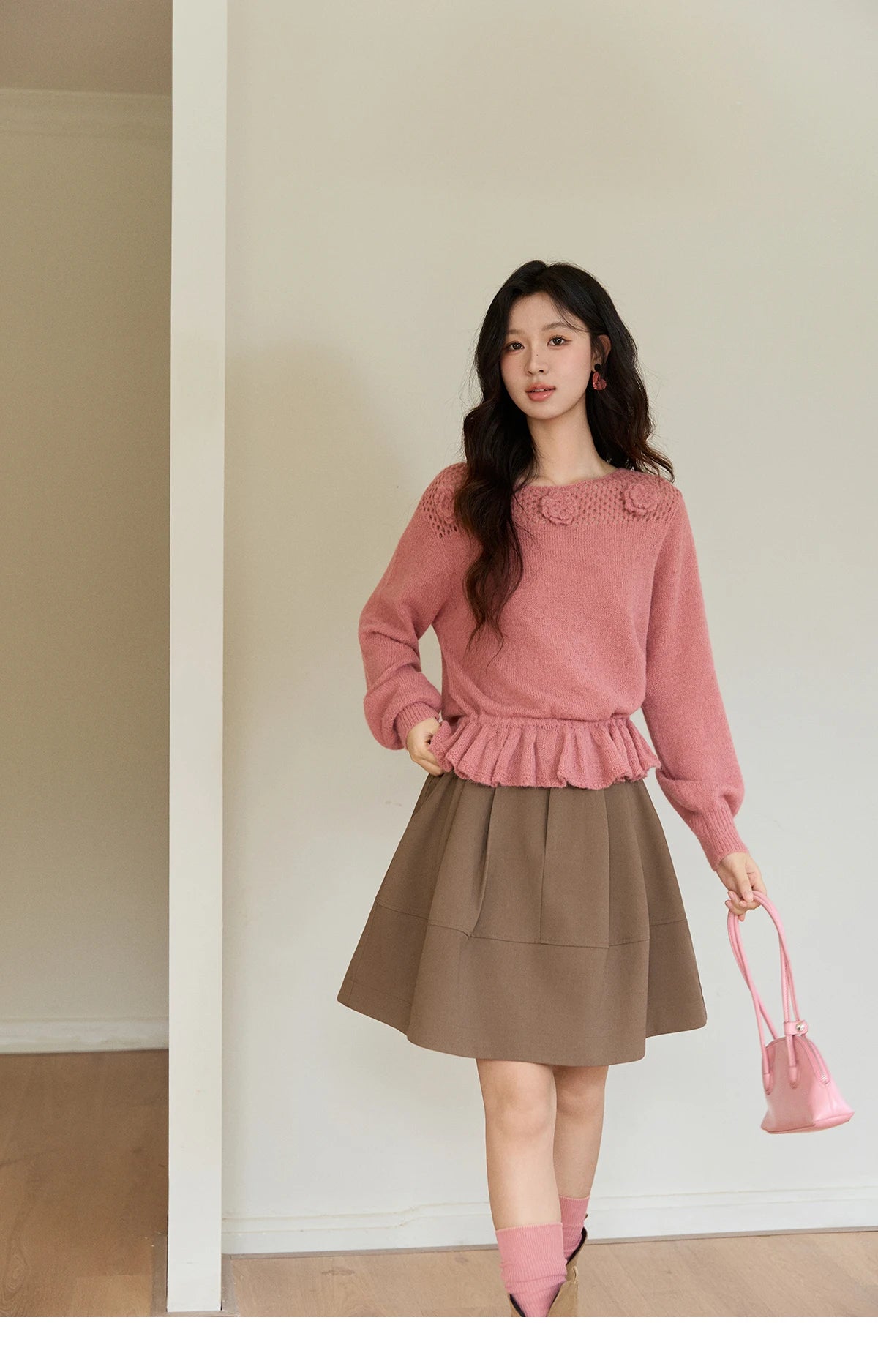 Mishow Pink Hollow Floral Ruffled Hem Sweater MXE94Z2865
