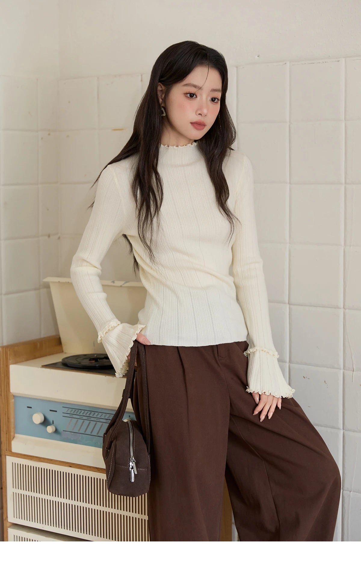Mishow Turtleneck Wood Ear Trumpet Sleeve Top MXE51Z2552