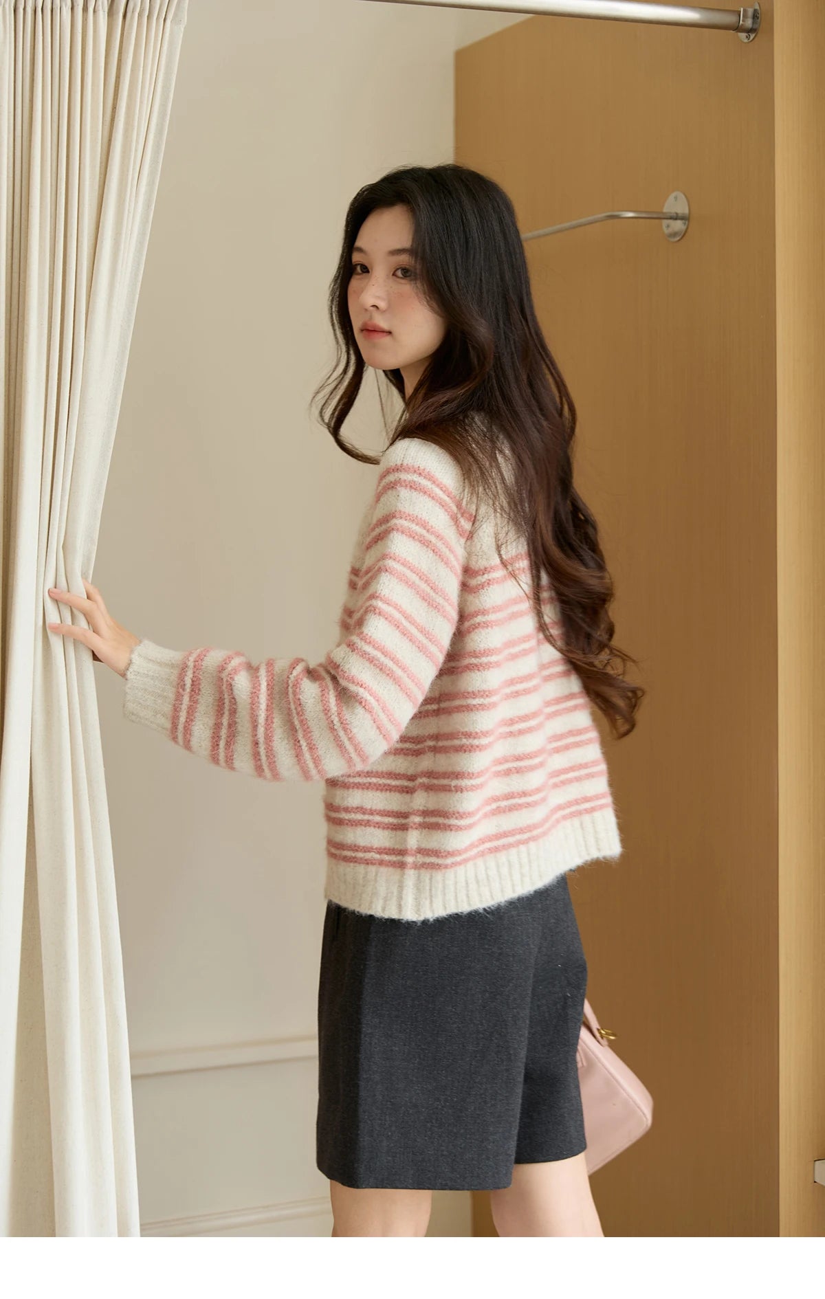 Mishow Pink Striped Wool Blend Cardigan MXE49Z2615