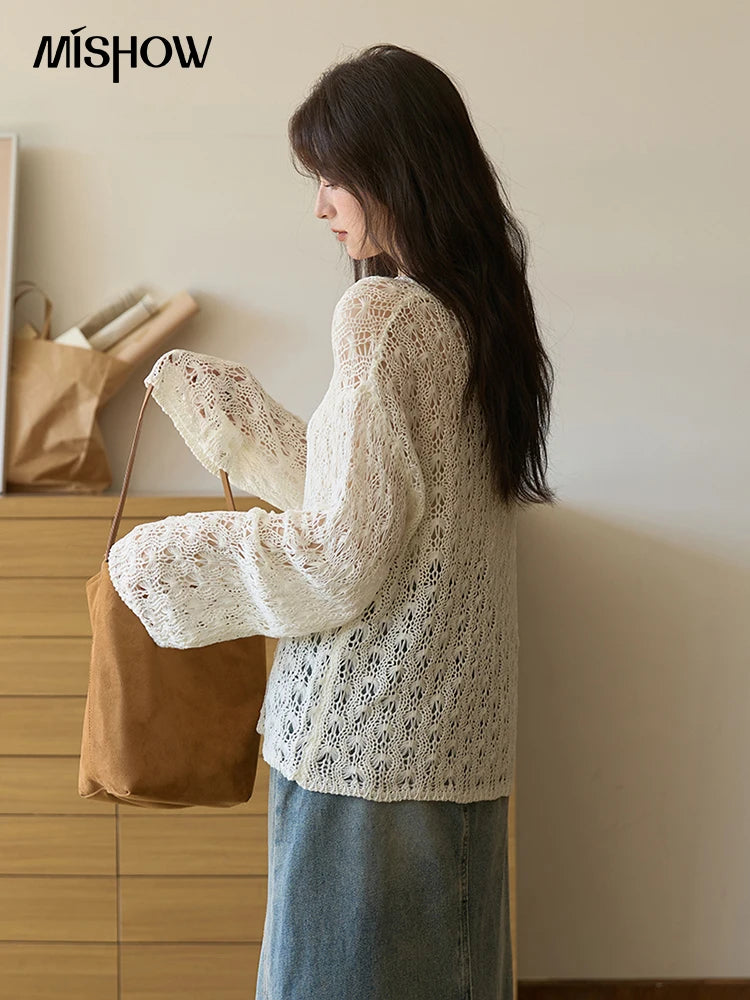 Mishow Hollow Jacquard Dropped Sleeve Sweater MXE43Z1360