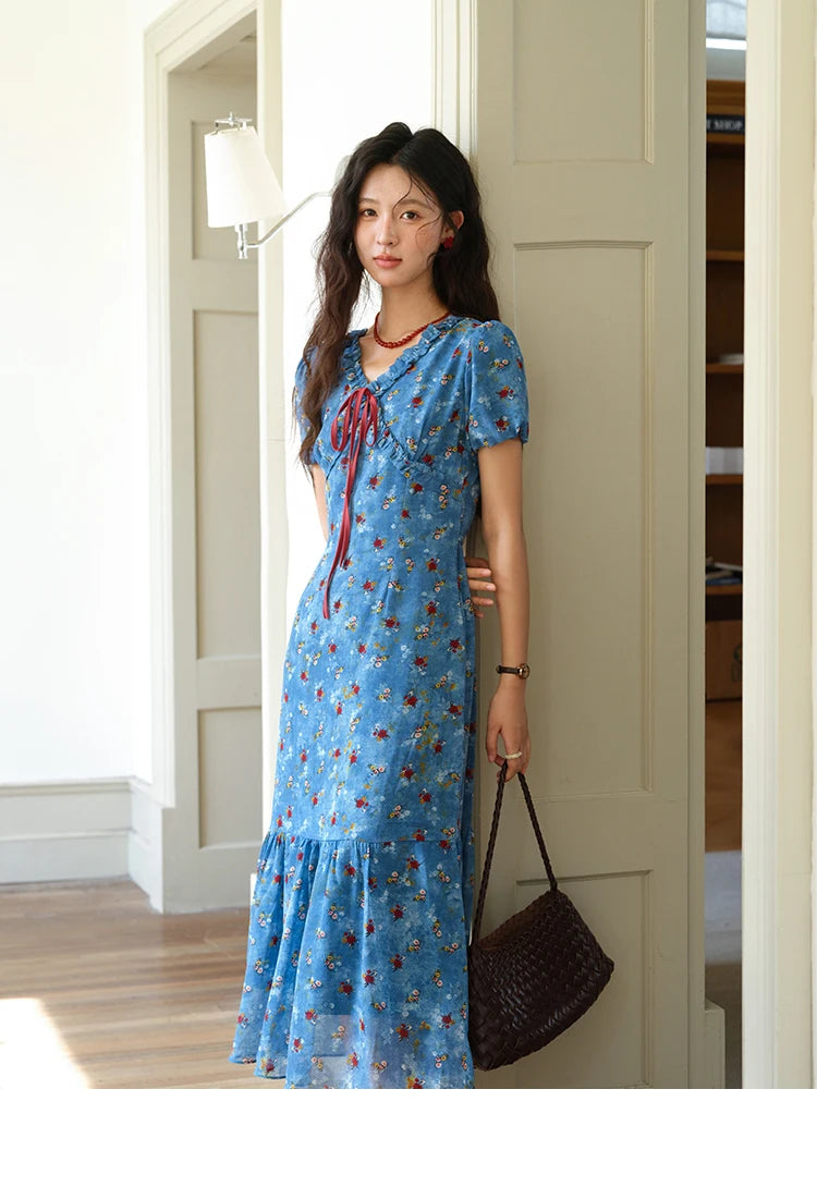 Mishow V-Neck Lace-Up Puff Sleeve Chiffon Dress MXE39L2401