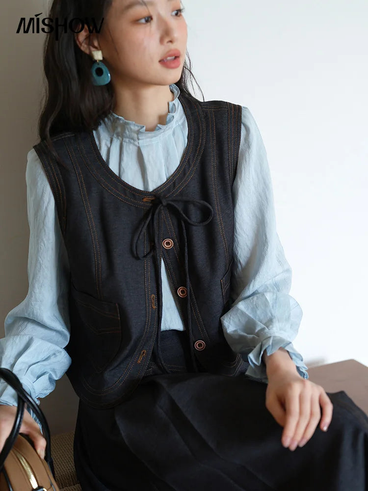 Mishow Deep Blue Imitation Denim Lace-Up Vest MXE41W0797