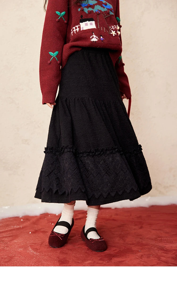 MISHOW Splicing Knitted Skirt Lace Loose Pleated Long MXD59B0632