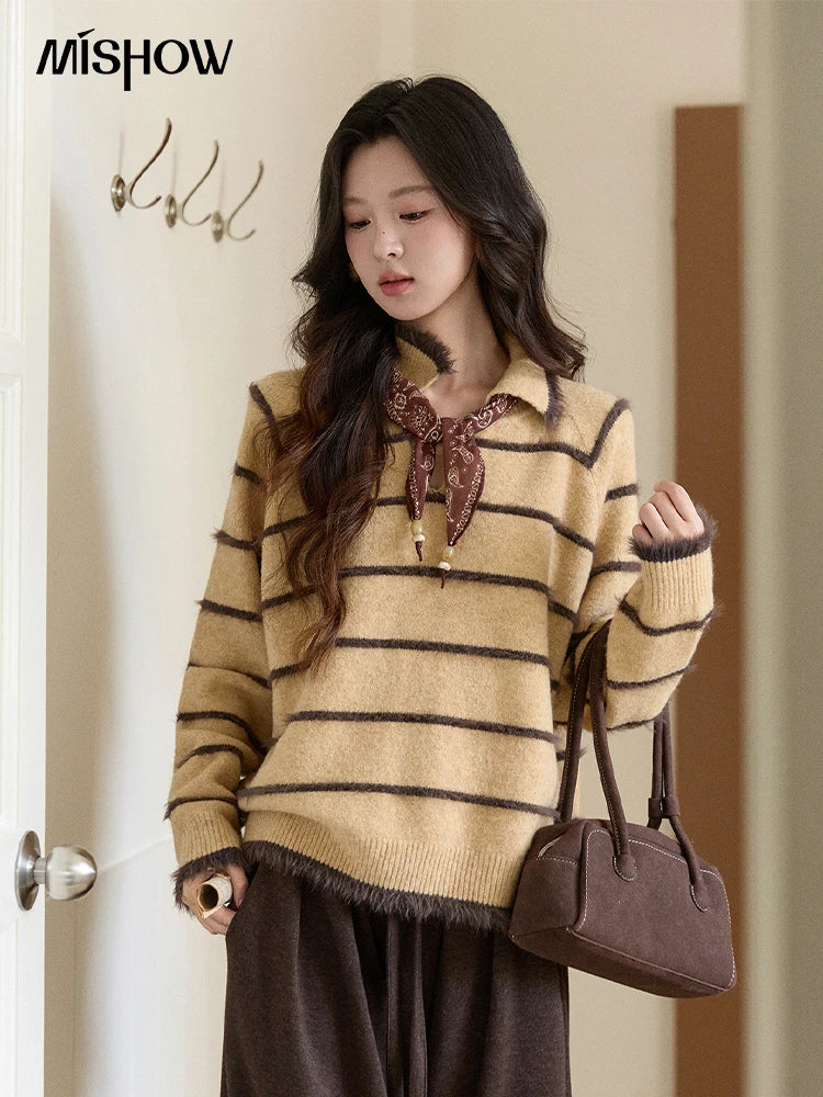 Mishow Faux Mink Fur Striped Lapel Tassel Sweater MXE93Z2945