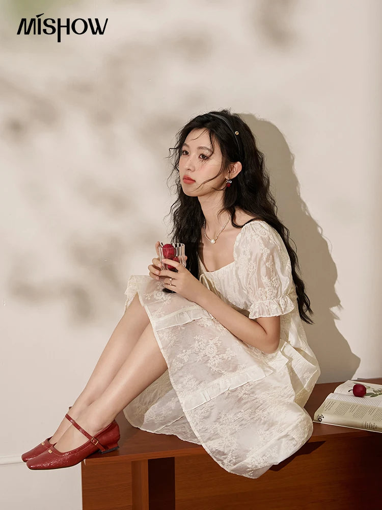 Mishow Square Neck Vertical Stripe Ruffle Dress MXD27L1808