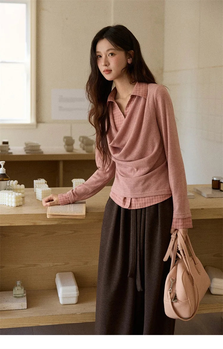 Mishow Pink Faux Two-Piece Plaid Draped Collar Pullover MXE87Z2747