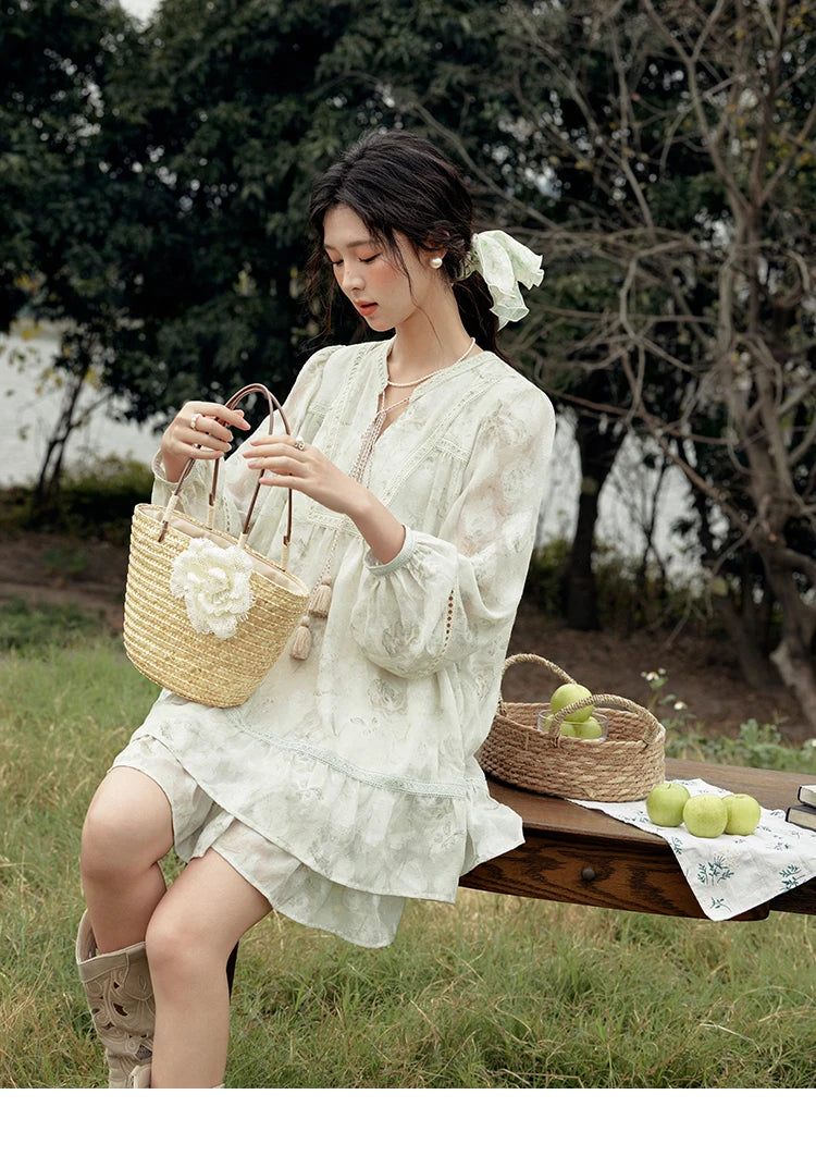Mishow Floral V-Neck Tassel Lantern Sleeve Dress MXE15L2121