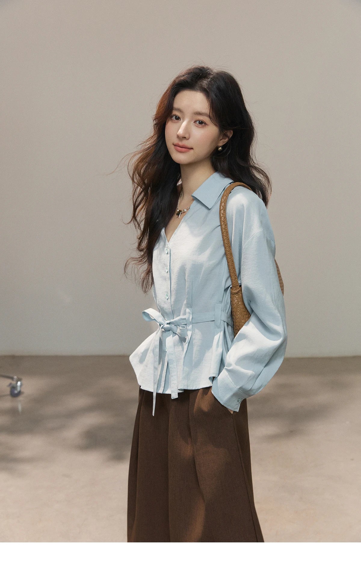 MISHOW Light Blue Lyocell Shirt V-Neck Belted Waist MXF13C2437