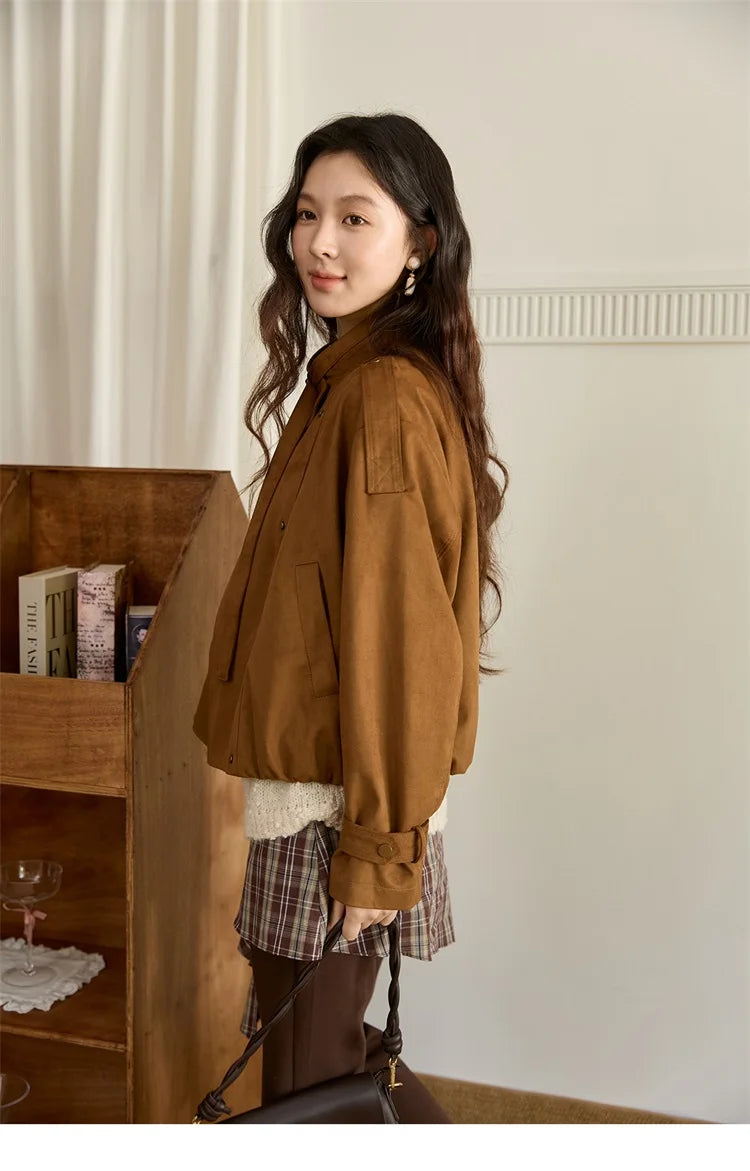 MISHOW Vintage Suede Short Jacket Brown Lapel Zipper MXE45W0869