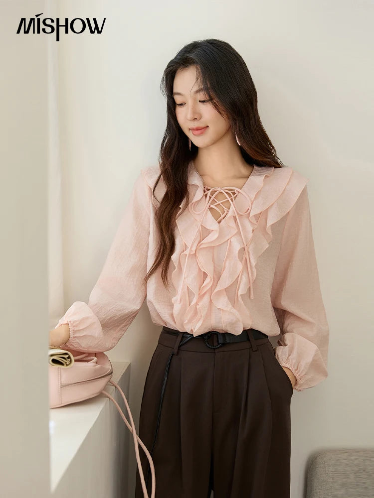 MISHOW Pink Ruffled Blouse V-Neck Lace Up Lantern Sleeve MXE49X2504