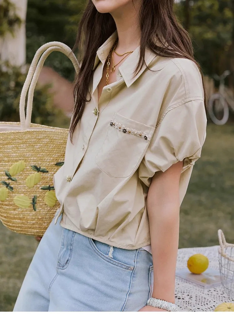 MISHOW Short Puff Sleeve Blouse Turn Down Collar Shell Ribbon MXE33C0773